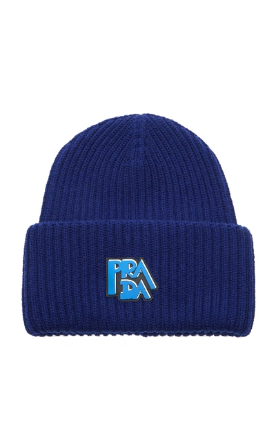 Shop Prada Logo-printed Rib-knit Beanie In Blue