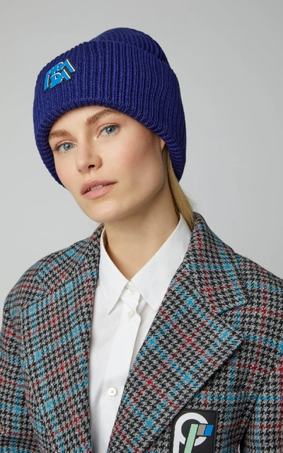 Shop Prada Logo-printed Rib-knit Beanie In Blue
