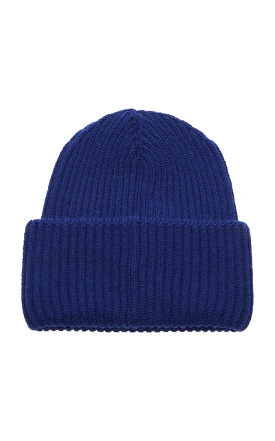 Shop Prada Logo-printed Rib-knit Beanie In Blue