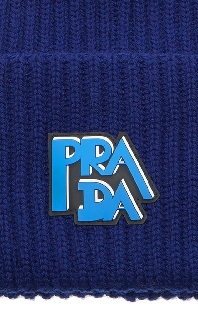 Shop Prada Logo-printed Rib-knit Beanie In Blue