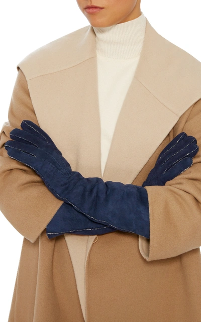Shop Maison Fabre Suede And Shearling Long Gloves In Navy