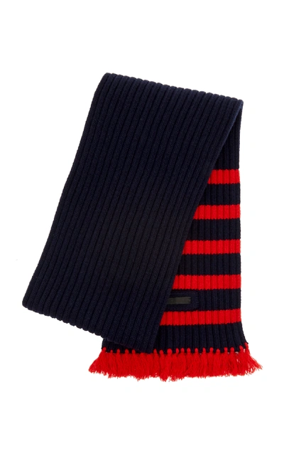 Shop Prada Striped Wool And Cashmere Scarf In Navy