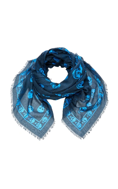 Shop Alexander Mcqueen Skull-print Silk-chiffon Scarf In Blue