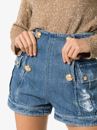 Shop Balmain High Waisted Button-down Denim Shorts In Blue