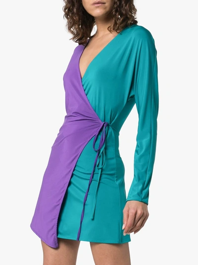 Shop Attico Two Tone Jersey Wrap Dress In 037 Peacock/purple