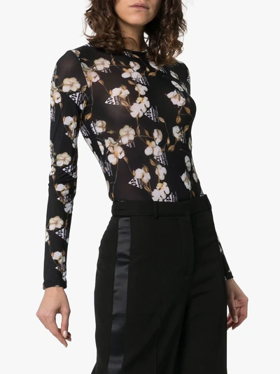 Shop Off-white Floral Print Semi Sheer Bodysuit In Multicoloured