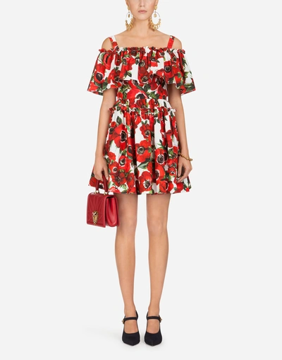 Shop Dolce & Gabbana Short Cotton Dress With Anemone Print In Floral Print