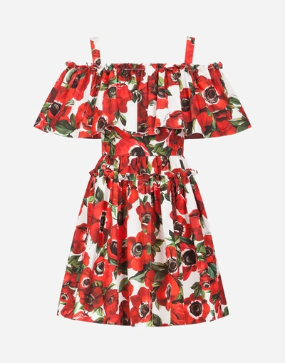 Shop Dolce & Gabbana Short Cotton Dress With Anemone Print In Floral Print