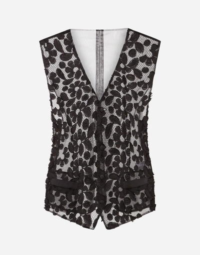 Shop Dolce & Gabbana Mesh Vest With 3d Floral Embroidery In Black