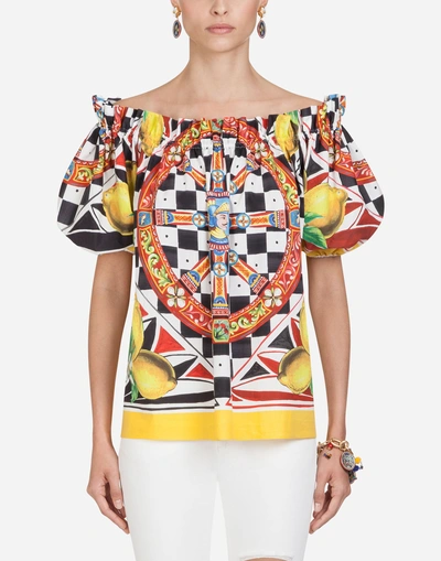 Shop Dolce & Gabbana Cotton Top With Sicilian Carretto And Lemon Print In Multi-colored