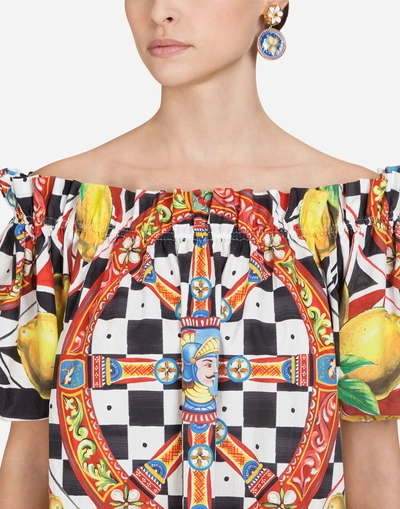 Shop Dolce & Gabbana Cotton Top With Sicilian Carretto And Lemon Print In Multi-colored