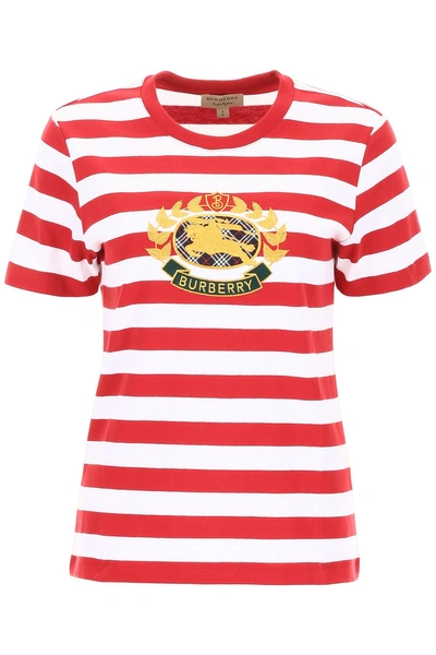 Shop Burberry Striped T-shirt With Embroidered Crest In Cadmium Red (white)