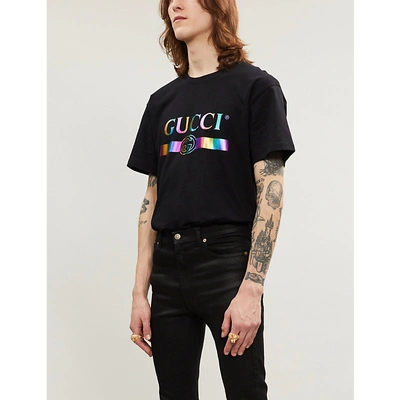 Shop Gucci Metallic Logo-print Cotton-jersey T-shirt In Black