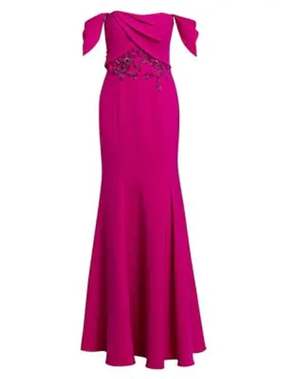 Shop Marchesa Notte Embellished Off-the-shoulder Gown In Berry