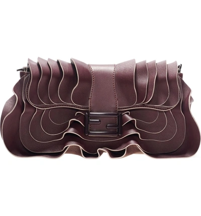 Shop Fendi 'multi Wave' Leather Baguette In Bordeaux/ Ruthenium/ Black