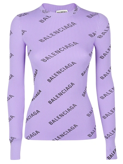 Shop Balenciaga Logo Ribbed Knit Pullover In Purple