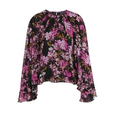 Shop Giambattista Valli Floral-print Cape-effect Silk Top In Black