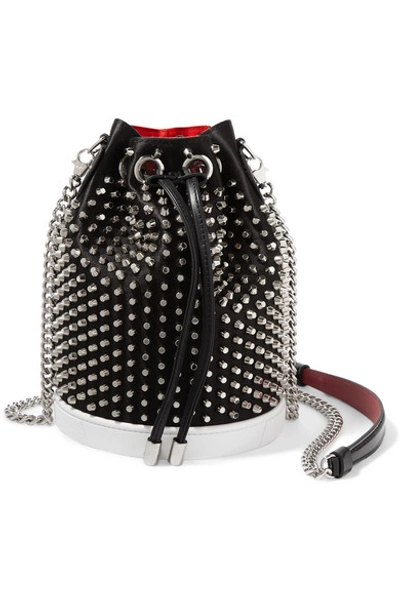 Shop Christian Louboutin Marie Jane Studded Satin And Leather Bucket Bag In Black