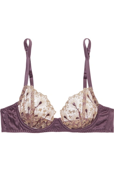 Shop Coco De Mer + V & A Golden Peacock Embroidered Stretch-tulle And Silk-satin Underwired Plunge Bra In Purple