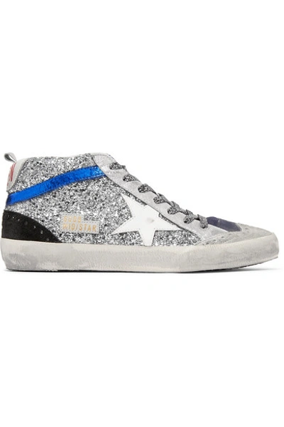 Shop Golden Goose Mid Star Glittered Distressed Leather And Suede Sneakers In Silver