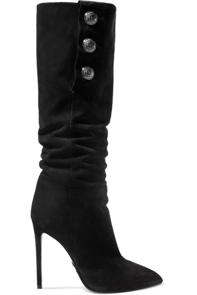 Shop Balmain Jane Button-embellished Suede Knee Boots In Black