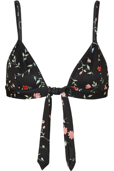 Shop Ganni Floral-print Tie-front Triangle Bikini Top In Black