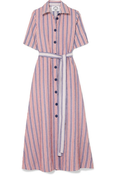 Shop Evi Grintela Valerie Belted Striped Linen And Cotton-blend Midi Dress