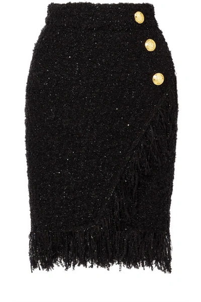 Shop Balmain Wrap-effect Button-embellished Fringed Metallic Tweed Skirt In Black