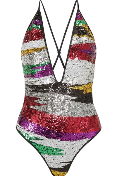 Shop Missoni Mare Striped Sequined Swimsuit In Black