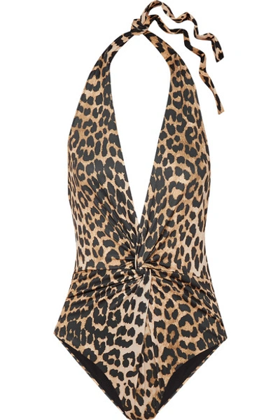 Shop Ganni Leopard-print Halterneck Swimsuit In Leopard Print