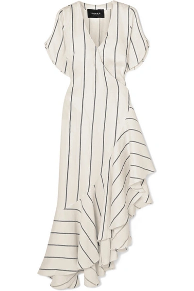 Shop Paper London Asymmetric Striped Linen-blend Wrap Dress In Ivory