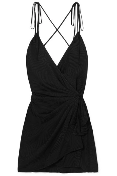 Shop Attico Satin-jacquard Mini Wrap Dress In Black