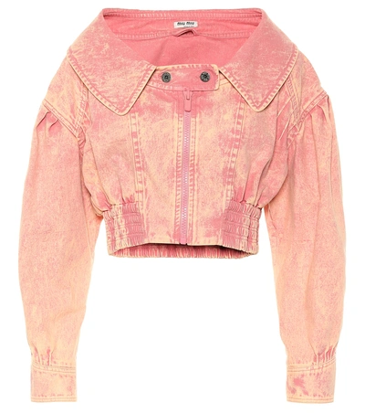 Shop Miu Miu Cropped Denim Jacket In Pink