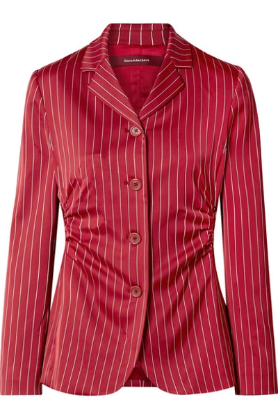 Shop Sies Marjan Greer Ruched Pinstriped Satin Blazer In Claret