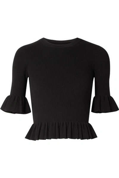 Shop Michael Kors Cropped Ruffled Ribbed-knit Sweater In Black