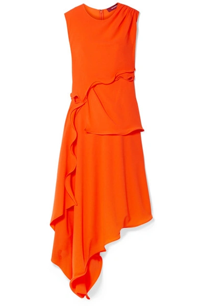 Shop Sies Marjan Helena Asymmetric Ruffled Stretch-crepe Dress In Bright Orange
