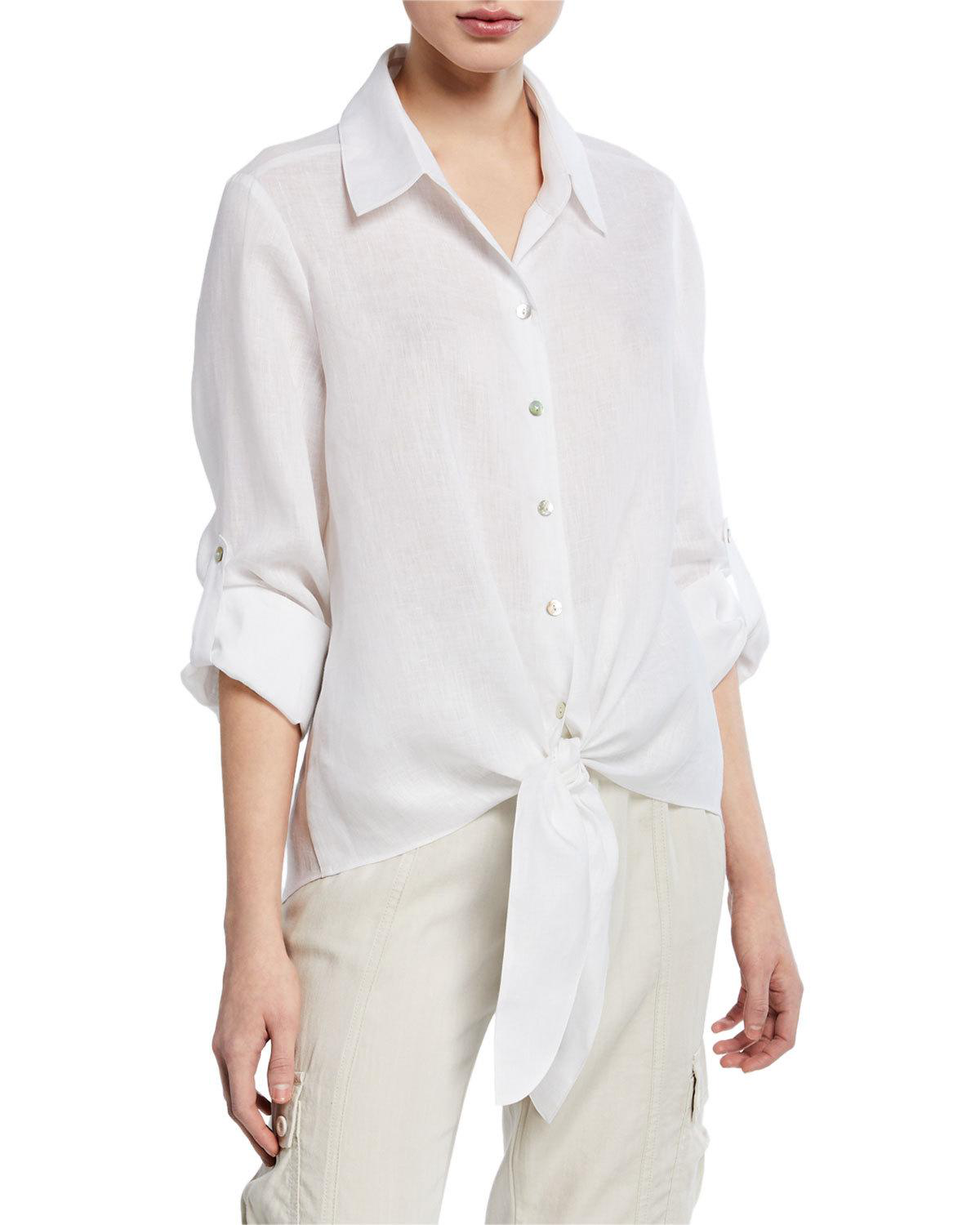 Neiman Marcus Linen TieFront Top In White ModeSens