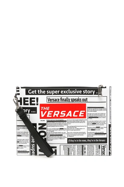 Shop Versace Newspaper Print Pouch In White Black Red|bianco