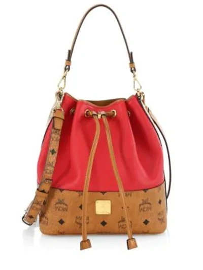 Shop Mcm Small Wilder Drawstring Leather Bucket Bag In Ruby Red