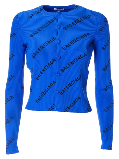 Shop Balenciaga Logo Print Cardigan In Blue