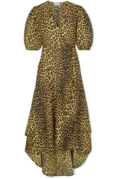 Shop Ganni Leopard-print Cotton-poplin Wrap Dress In Leopard Print