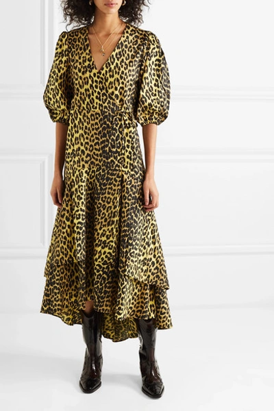 Shop Ganni Leopard-print Cotton-poplin Wrap Dress In Leopard Print