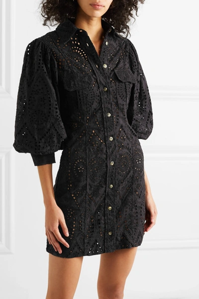 Shop Ganni Broderie Anglaise Cotton Mini Dress In Black