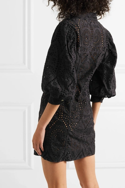 Shop Ganni Broderie Anglaise Cotton Mini Dress In Black