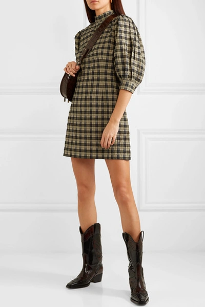 Ganni Checked Cotton-blend Seersucker Mini Dress In Khaki-green | ModeSens