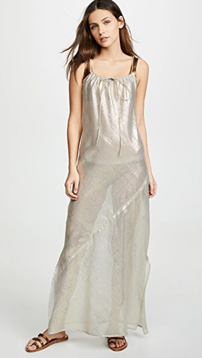 Shop Lisa Marie Fernandez Drawstring Bias Slip Dress In White/gold Metallic