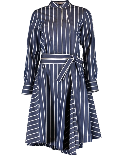 Shop Brunello Cucinelli Long Sleeve Belted Stripe Dress In Mid-wht