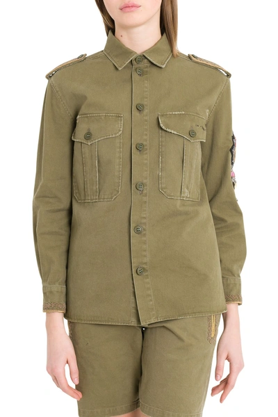 Shop Saint Laurent Overshirt With Charms And Patch In Verde