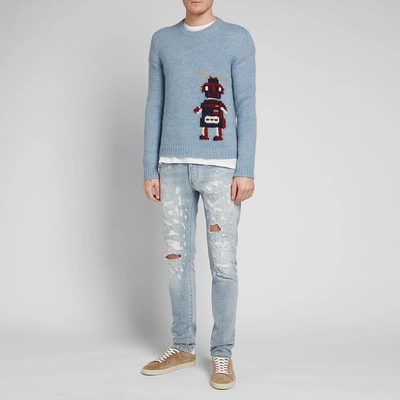 Shop Saint Laurent Robot Crew Knit In Blue