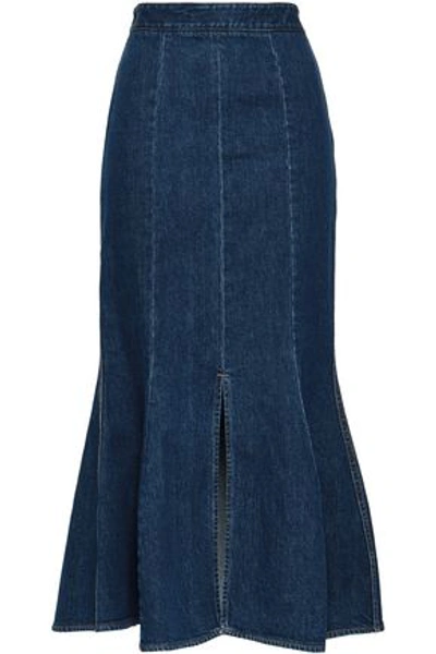 Shop Stella Mccartney Woman Fluted Denim Midi Skirt Dark Denim